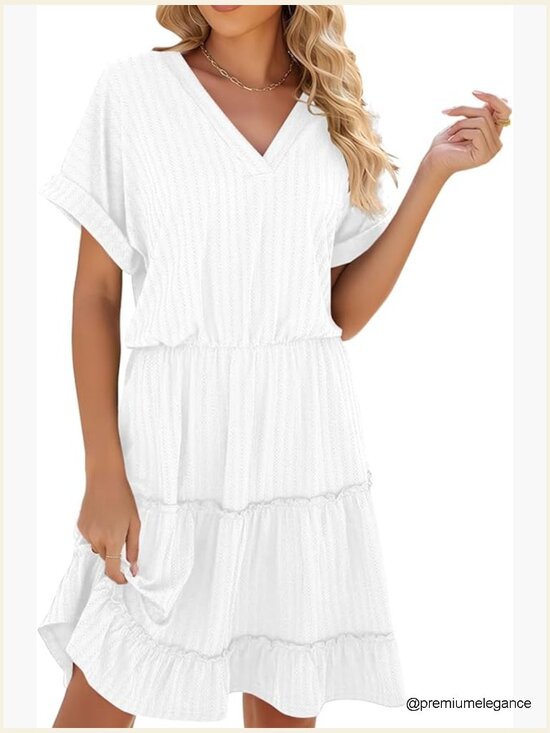 Dresses & Skirts - V-Neck Tiered Ruffle Hem Midi Dress with Pockets - Polyester Spandex